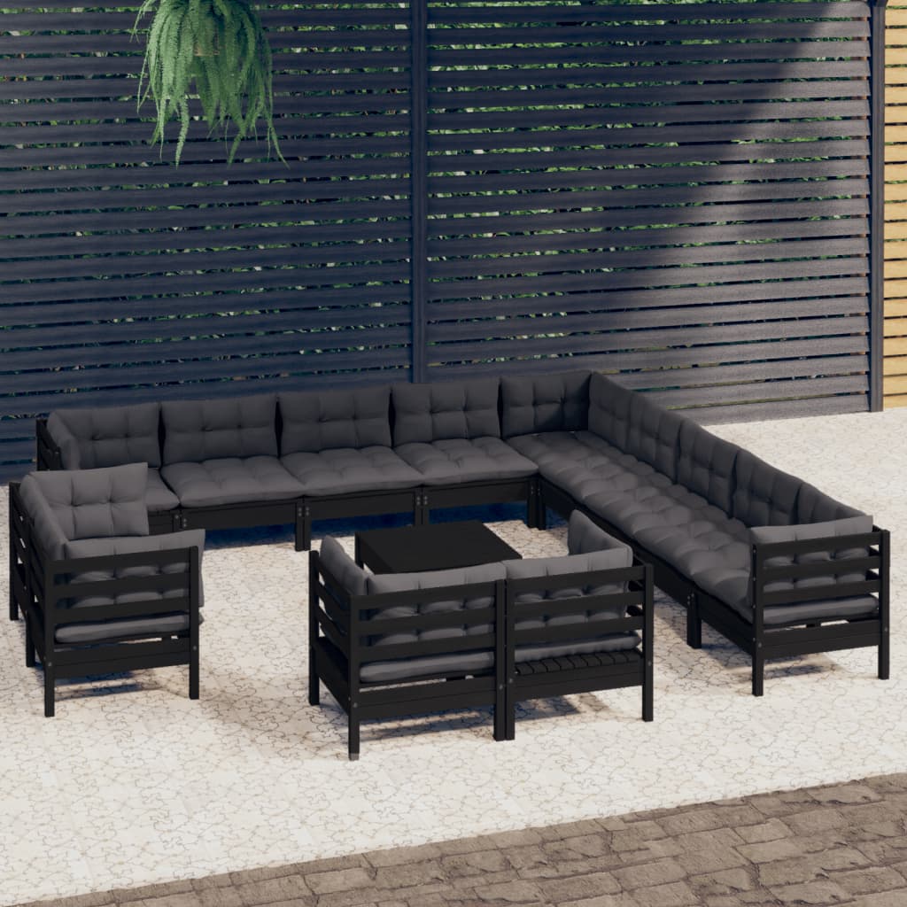 Set Mobilier Grădină Cu Perne, 14 Piese, Gri, Lemn Masiv Pin