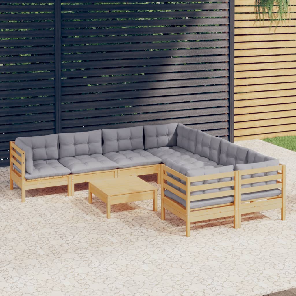 Set Mobilier De Grădină Cu Perne, 9 Piese, , Lemn De Pin