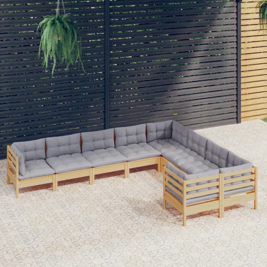 Set Mobilier Grădină Cu Perne, 9 Piese, , Lemn De Pin