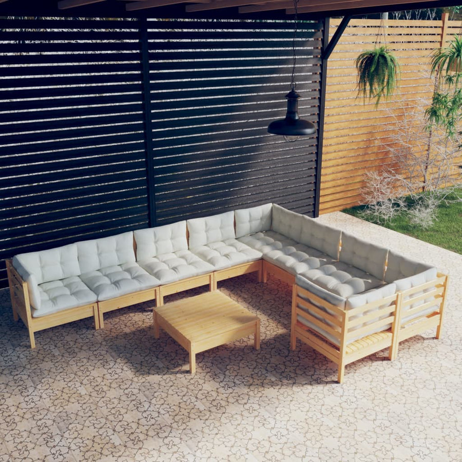 Set Mobilier Grădină Cu Perne Crem, 10 Piese, Lemn De Pin