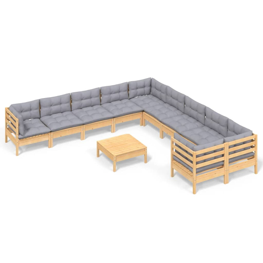 Set Mobilier Grădină Cu Perne, 11 Piese, Gri, Lemn De Pin