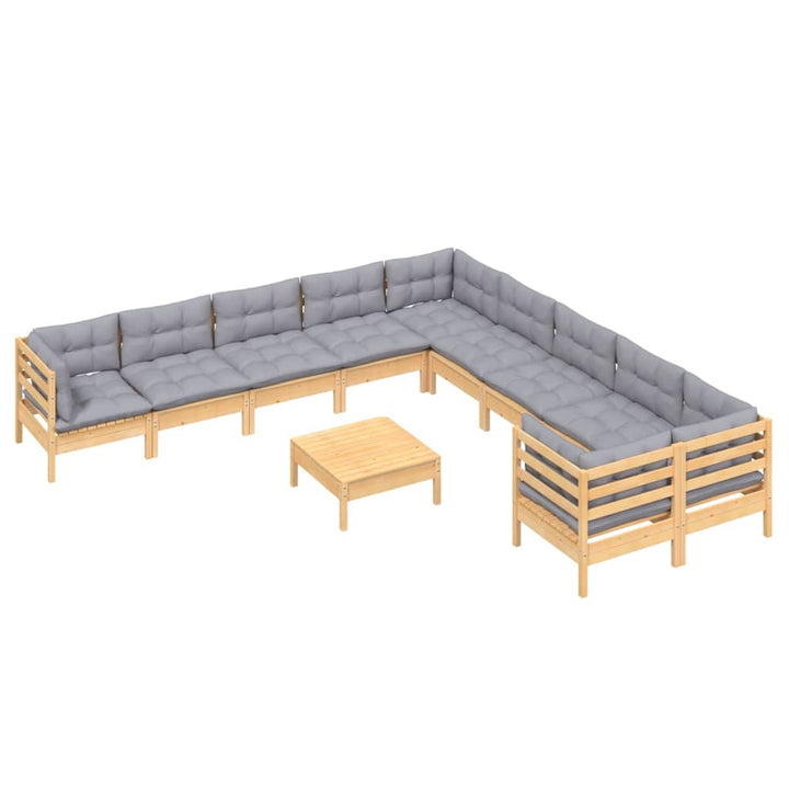 Set Mobilier Grădină Cu Perne, 11 Piese, Gri, Lemn De Pin