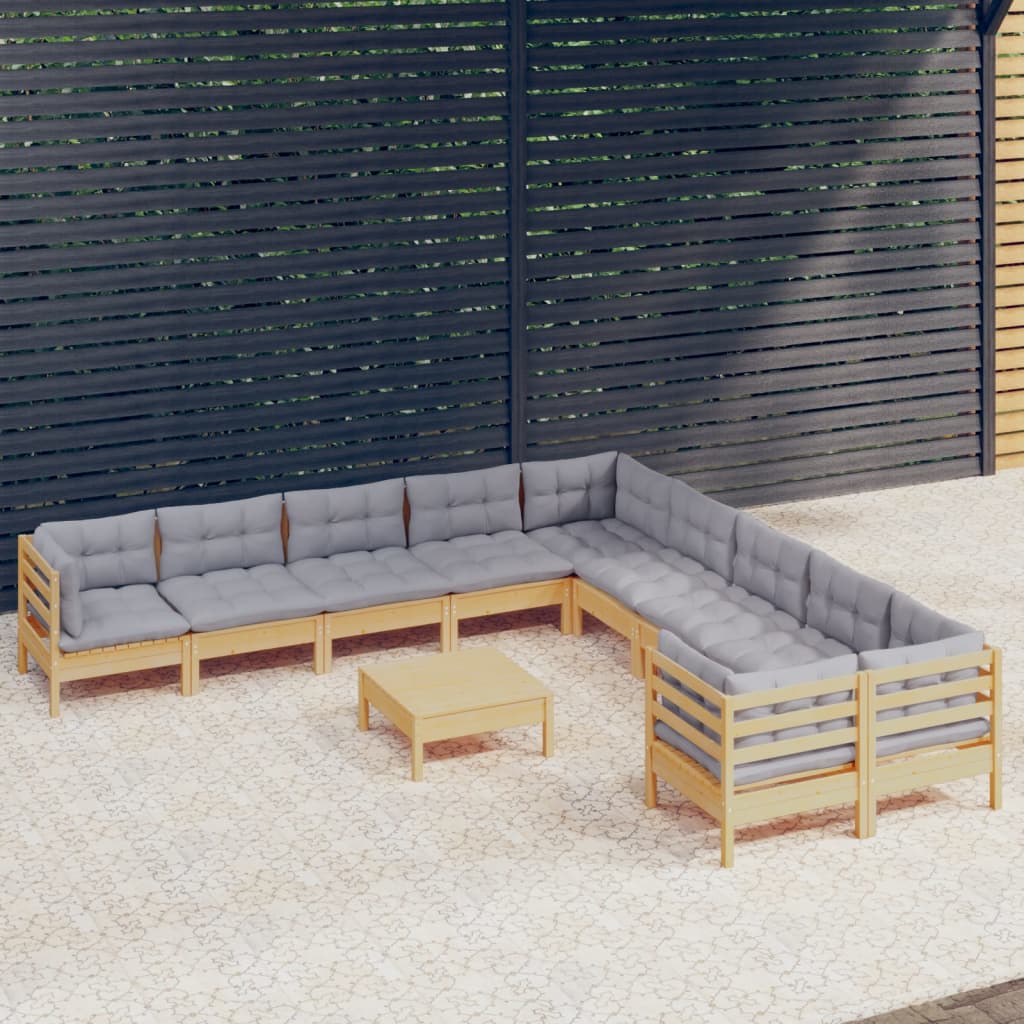 Set Mobilier Grădină Cu Perne, 11 Piese, Gri, Lemn De Pin