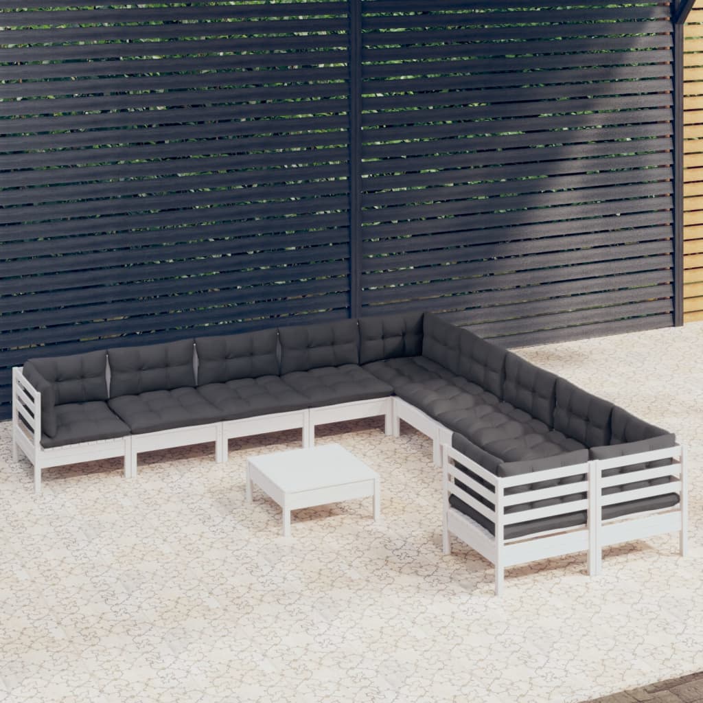 Set Mobilier Grădină Cu Perne, 11 Piese, Gri, Lemn De Pin