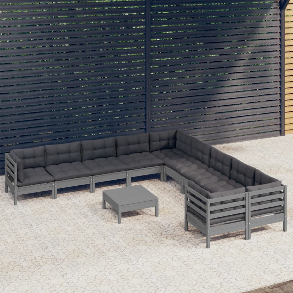 Set Mobilier Grădină Cu Perne, 11 Piese, Gri, Lemn De Pin