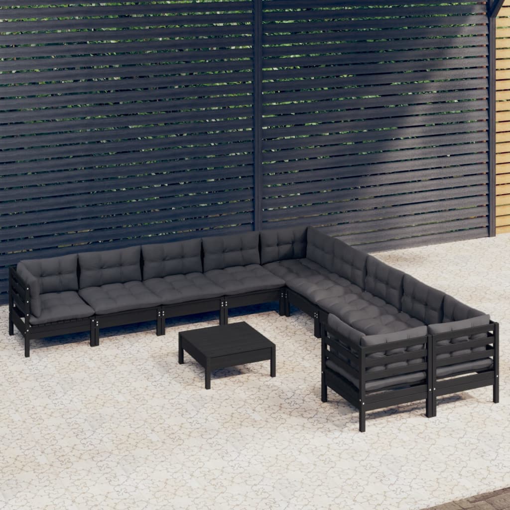 Set Mobilier Grădină Cu Perne, 11 Piese, Gri, Lemn De Pin