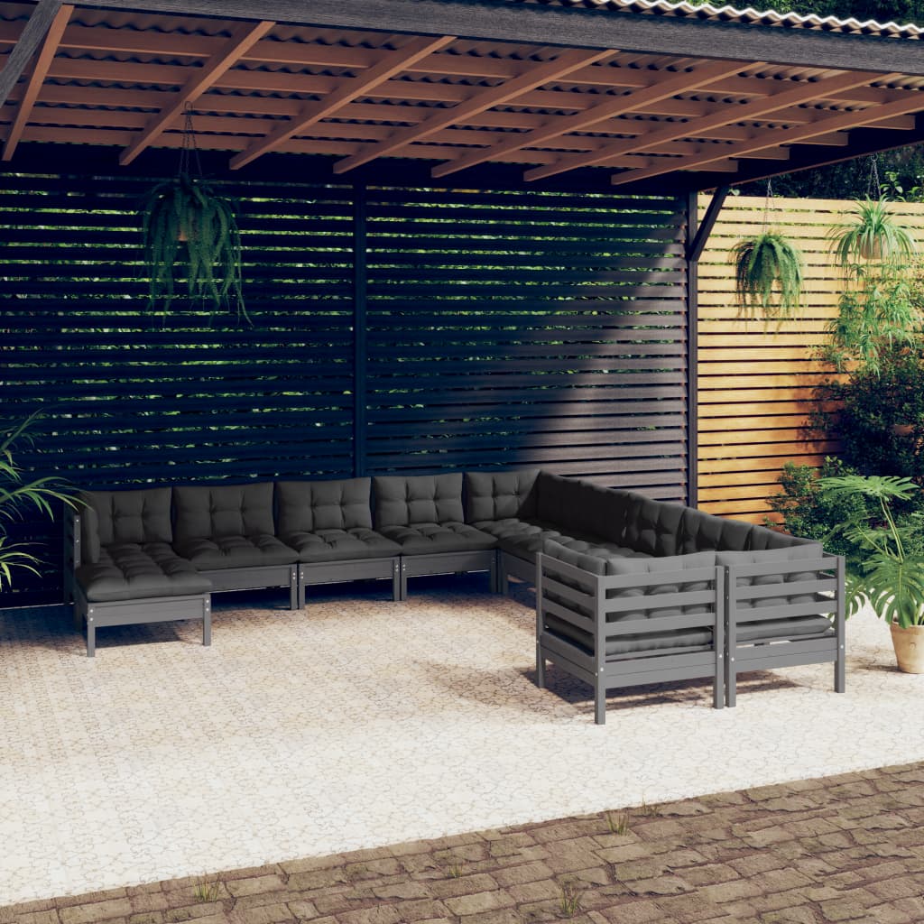 Set Mobilier Grădină Cu Perne, 11 Piese, , Lemn De Pin