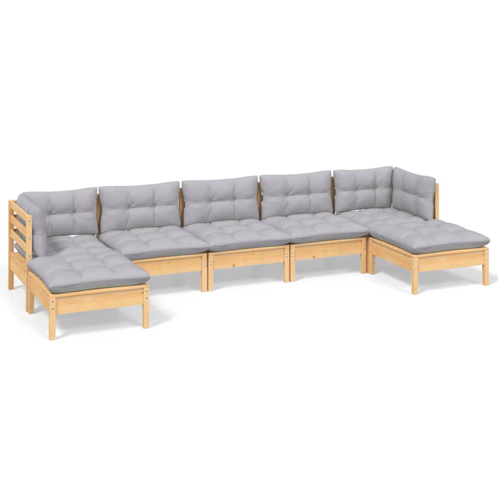 Set Mobilier Grădină Cu Perne Gri, 7 Piese, Lemn Masiv De Pin