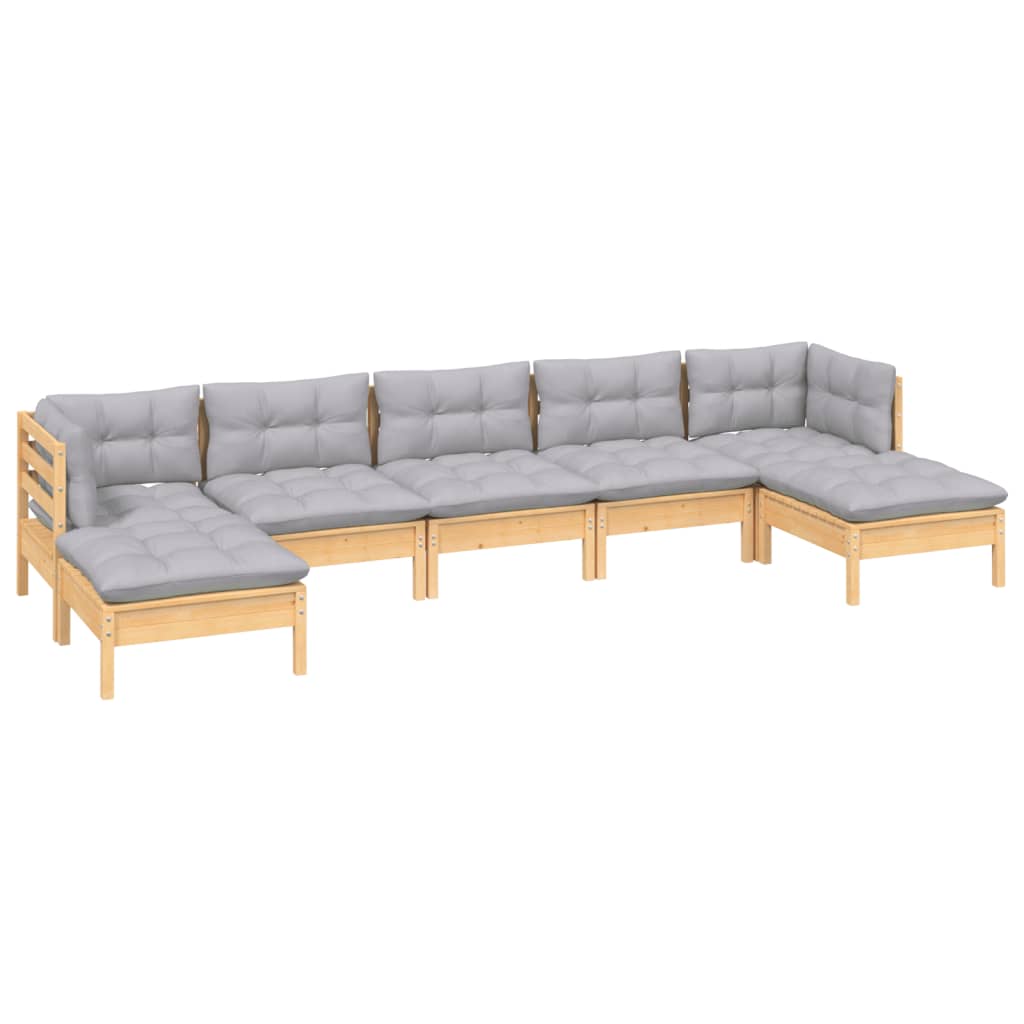 Set Mobilier Grădină Cu Perne Gri, 7 Piese, Lemn Masiv De Pin