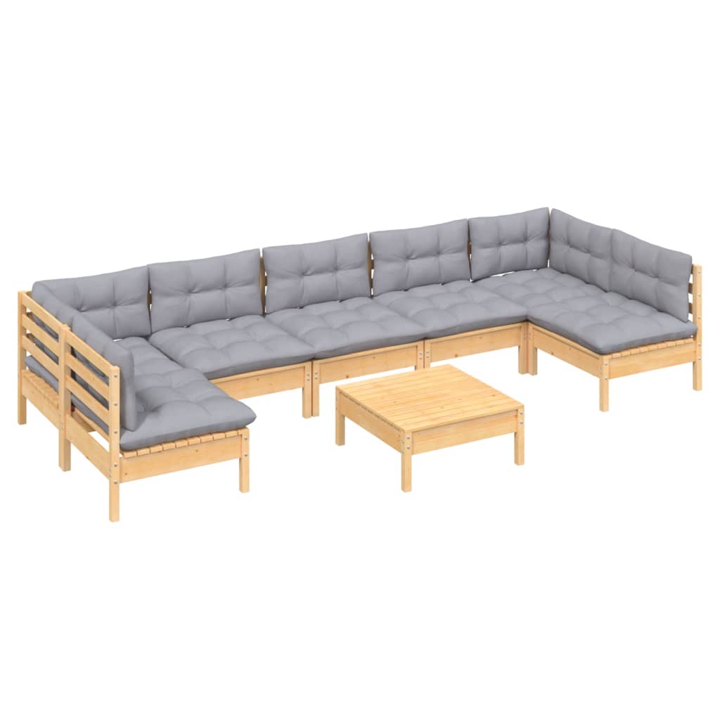 Set Mobilier De Grădină Cu Perne Gri, 8 Piese, Lemn Masiv Pin