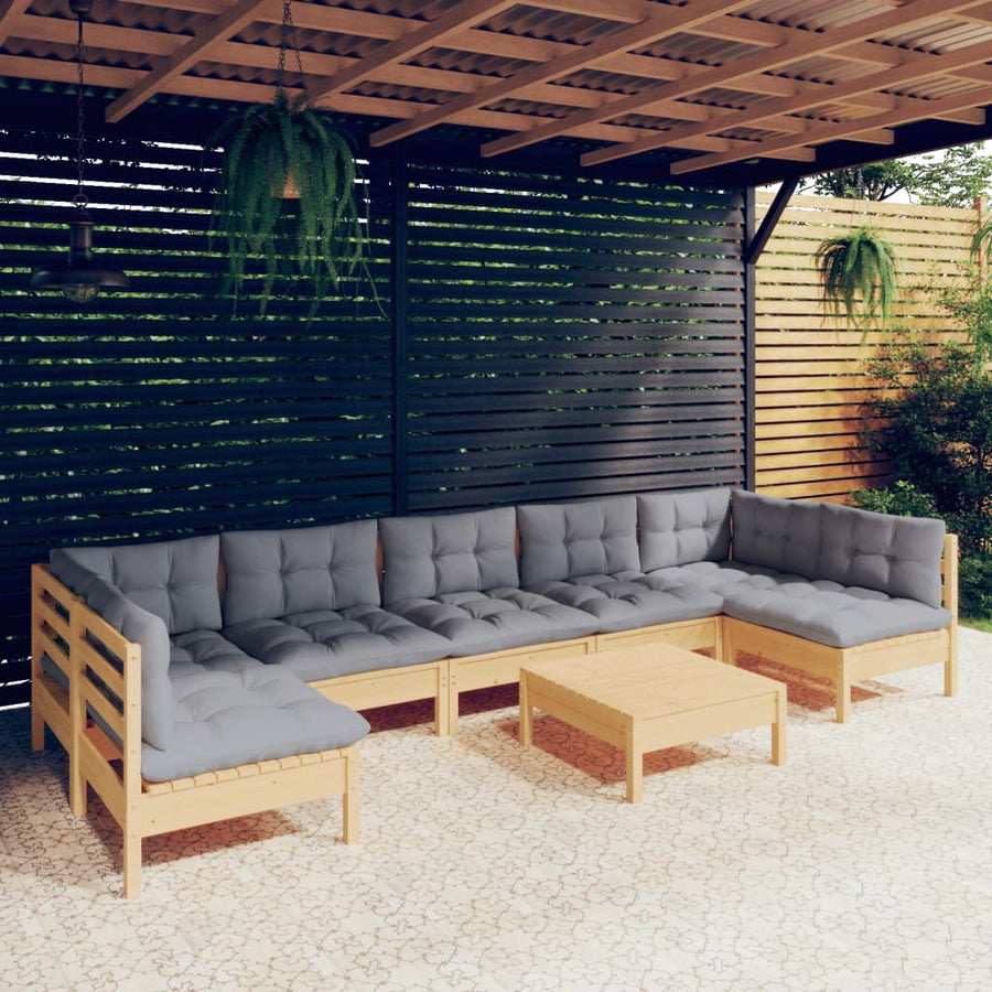 Set Mobilier De Grădină Cu Perne Gri, 8 Piese, Lemn Masiv Pin