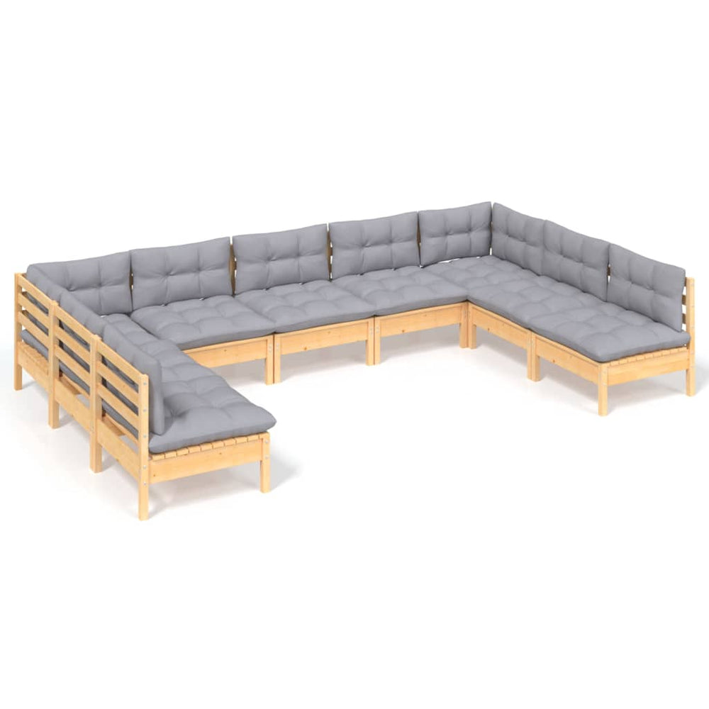 Set Mobilier De Grădină Cu Perne Gri, 9 Piese, Lemn Masiv Pin