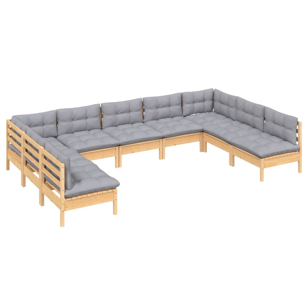 Set Mobilier De Grădină Cu Perne Gri, 9 Piese, Lemn Masiv Pin