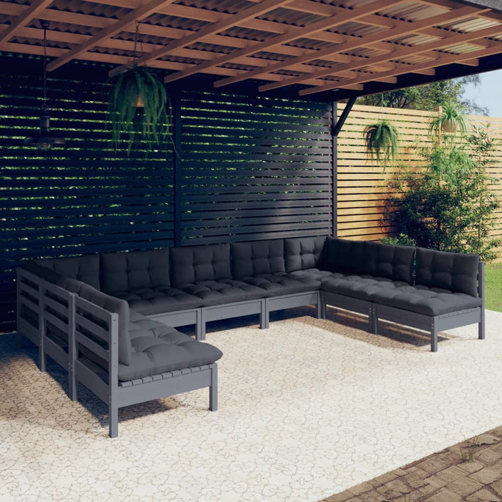 Set Mobilier De Grădină Cu Perne Gri, 9 Piese, Lemn Masiv Pin