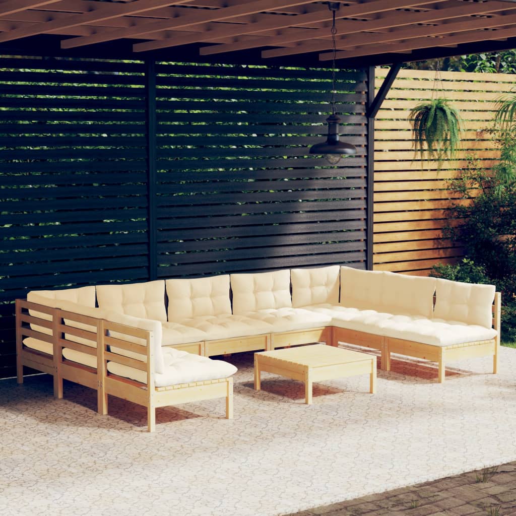 Set Mobilier Grădină Cu Perne Crem, 10 Piese, Lemn Masiv De Pin