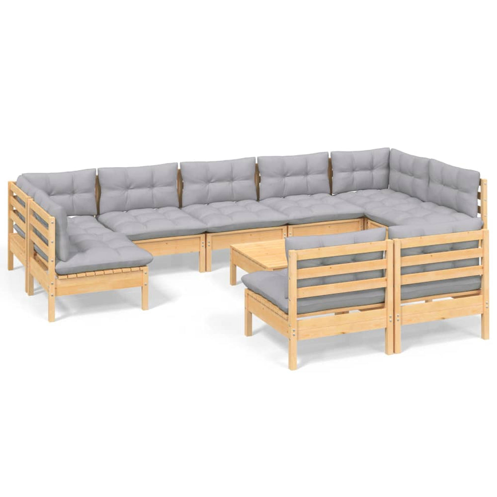 Set Mobilier De Grădină Cu Perne, 10 Piese, Gri, Lemn Masiv Pin