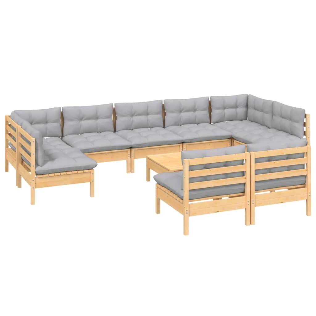 Set Mobilier De Grădină Cu Perne, 10 Piese, Gri, Lemn Masiv Pin