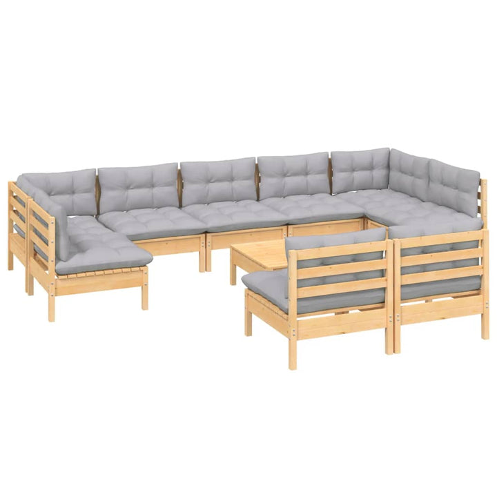 Set Mobilier De Grădină Cu Perne, 10 Piese, Gri, Lemn Masiv Pin