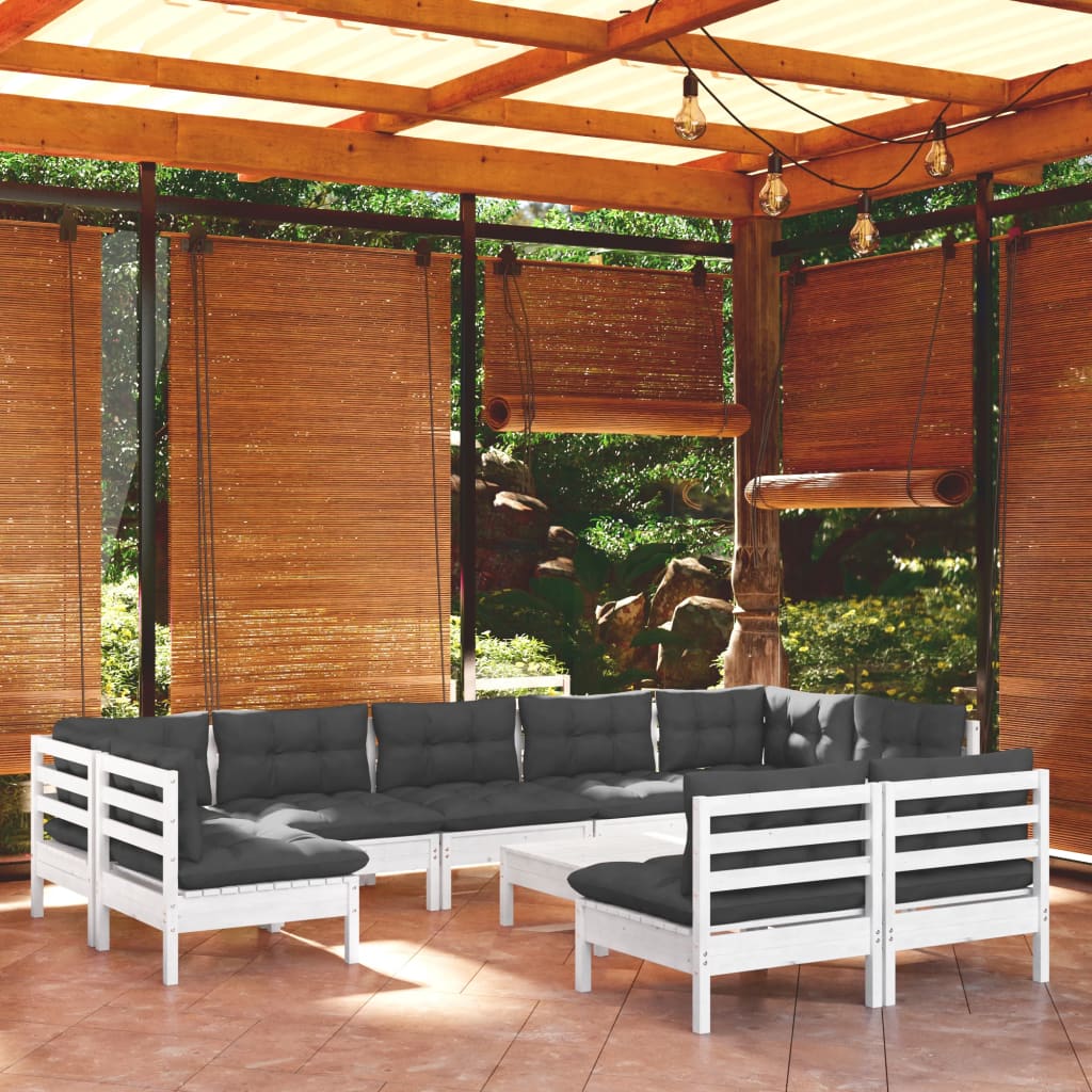 Set Mobilier De Grădină Cu Perne, 10 Piese, Gri, Lemn Masiv Pin