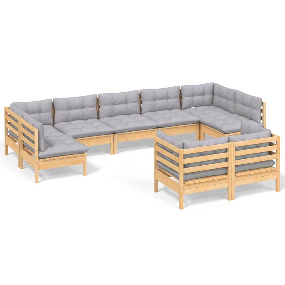 Set Mobilier De Grădină Cu Perne Gri, 9 Piese, Lemn Masiv Pin
