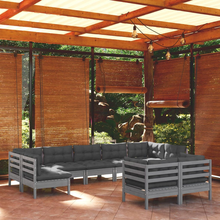 Set Mobilier De Grădină Cu Perne Gri, 9 Piese, Lemn Masiv Pin