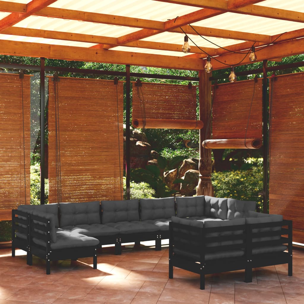 Set Mobilier De Grădină Cu Perne Gri, 9 Piese, Lemn Masiv Pin