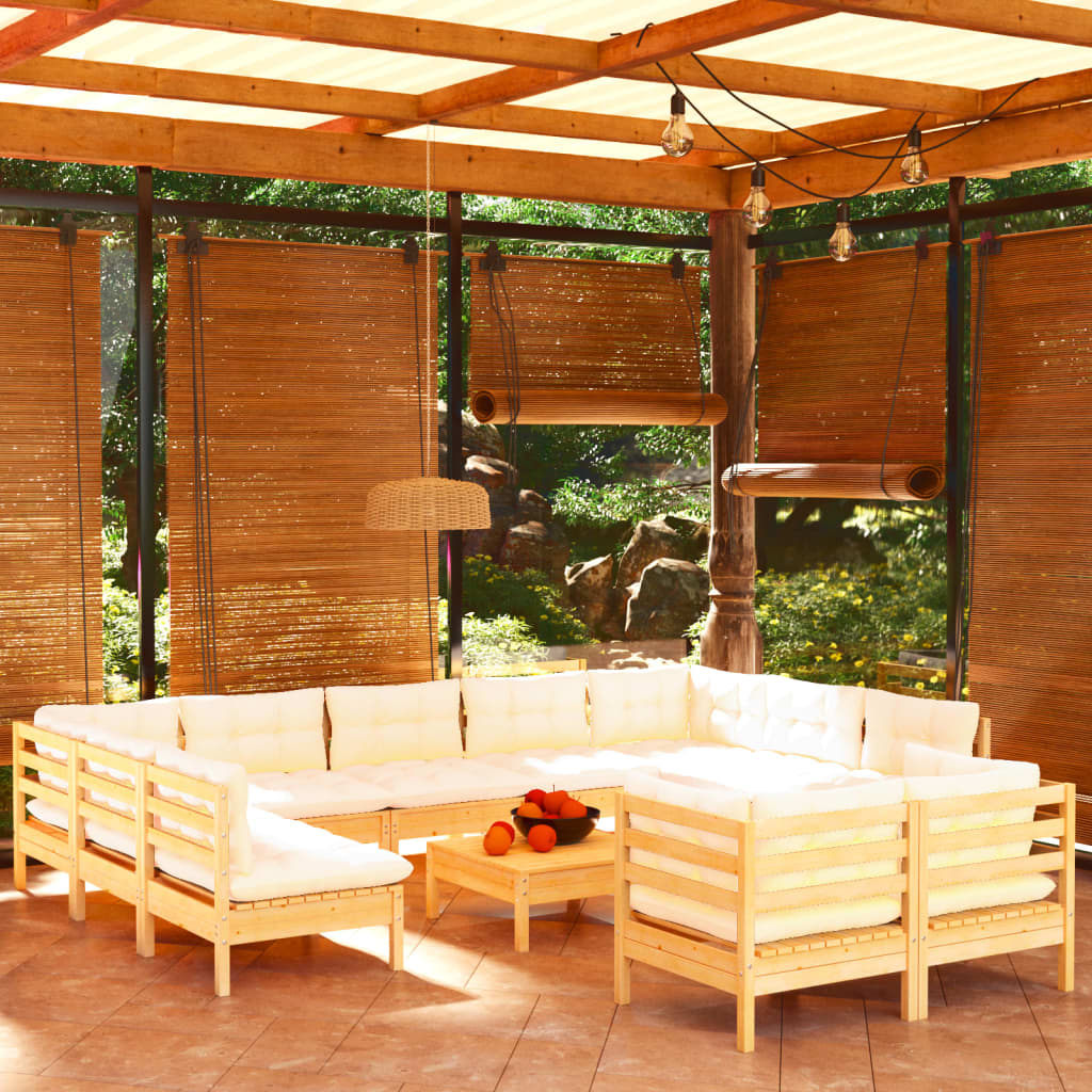Set Mobilier Grădină Cu Perne Crem, 12 Piese, Lemn Masiv De Pin