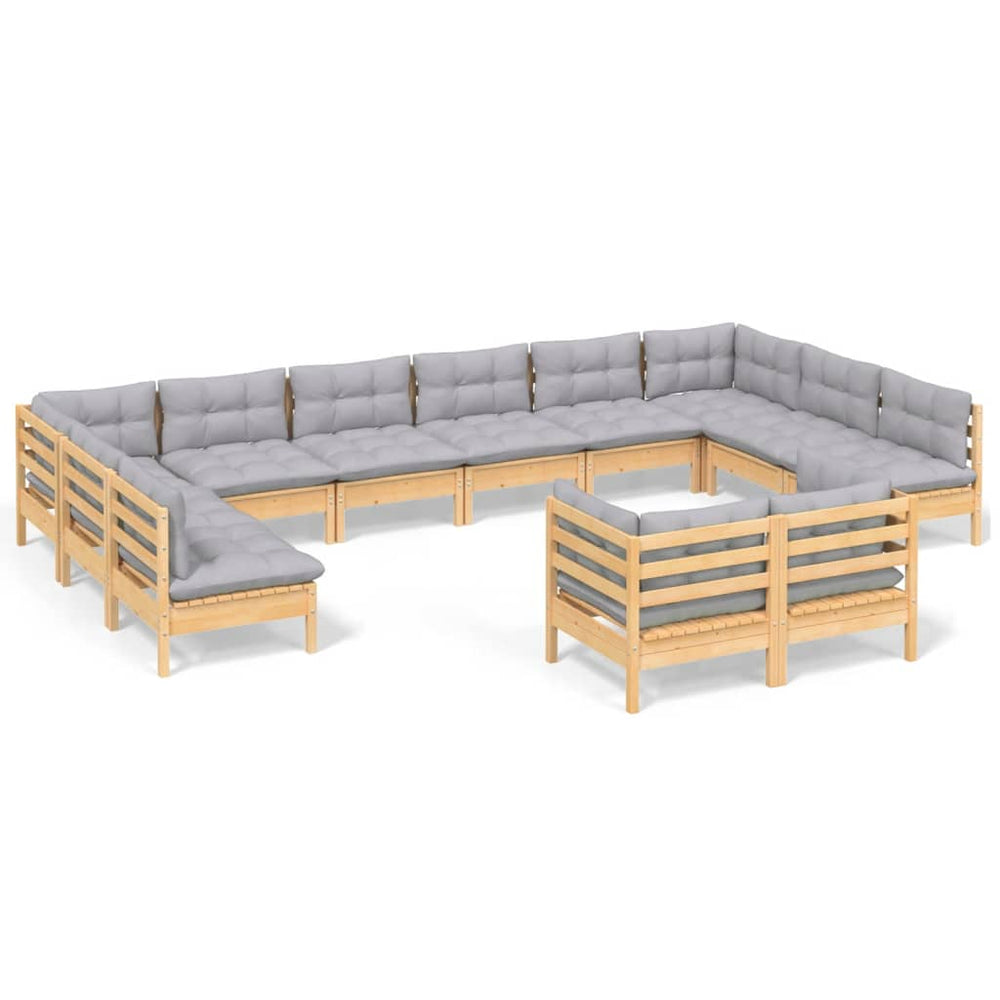 Set Mobilier Grădină Cu Perne, 12 Piese, Gri, Lemn Masiv Pin