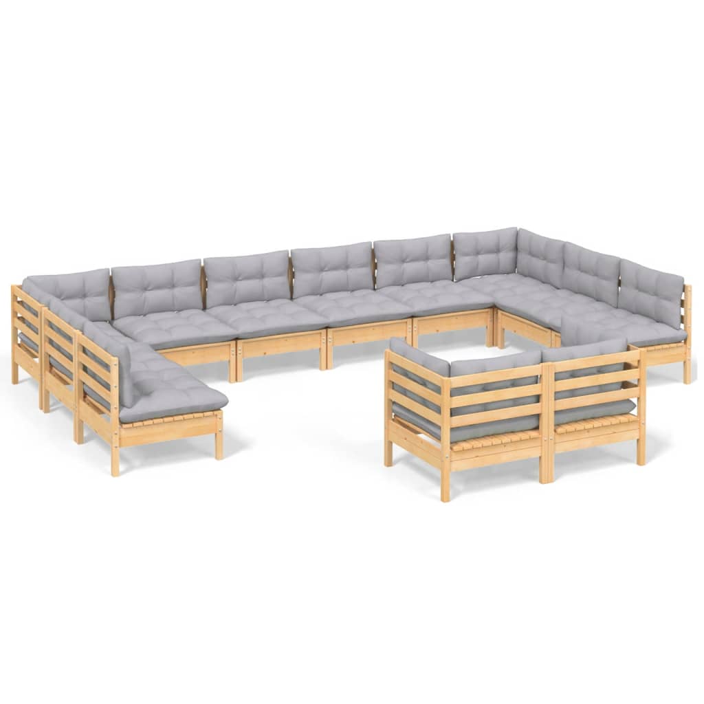 Set Mobilier Grădină Cu Perne, 12 Piese, Gri, Lemn Masiv Pin