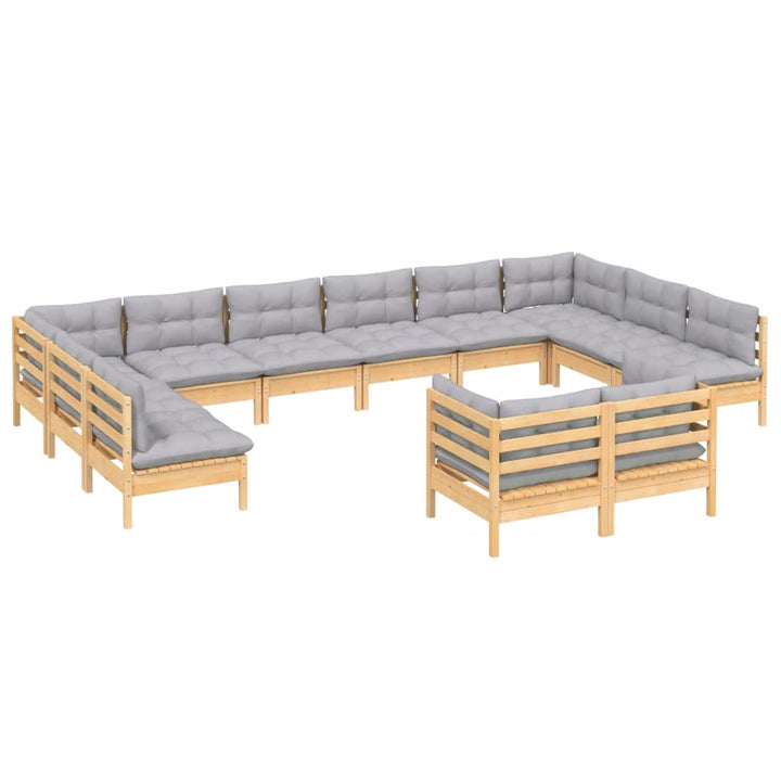 Set Mobilier Grădină Cu Perne, 12 Piese, Gri, Lemn Masiv Pin