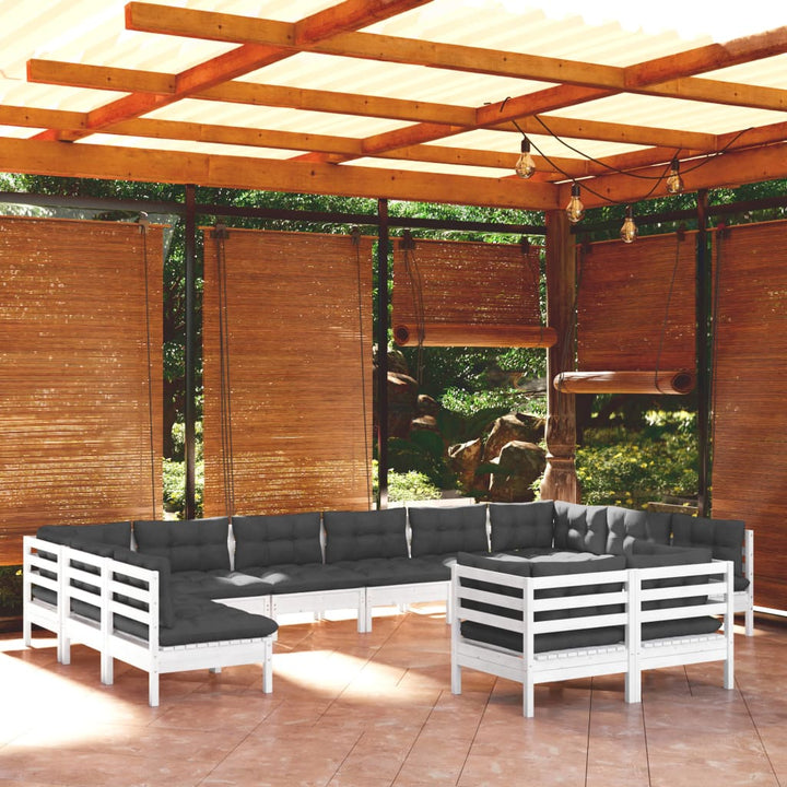 Set Mobilier Grădină Cu Perne, 12 Piese, Gri, Lemn Masiv Pin