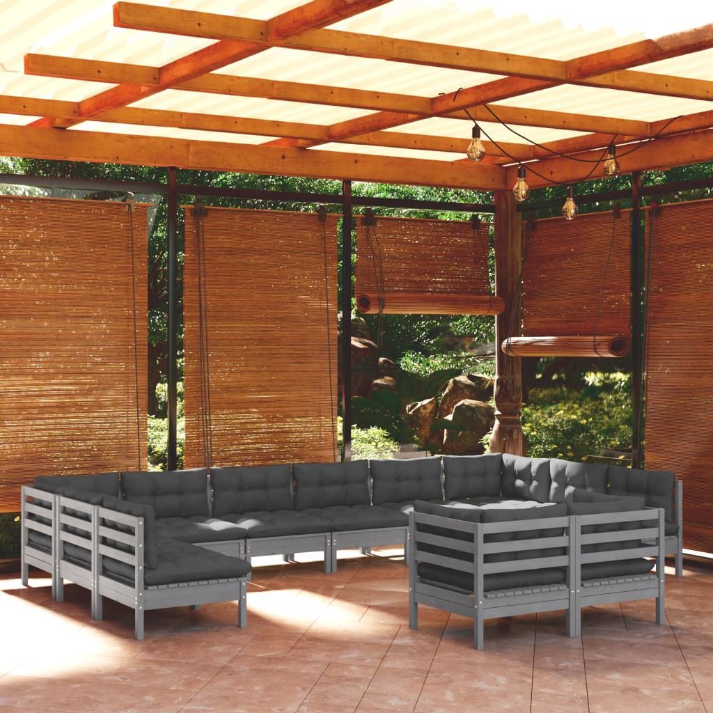 Set Mobilier Grădină Cu Perne, 12 Piese, Gri, Lemn Masiv Pin