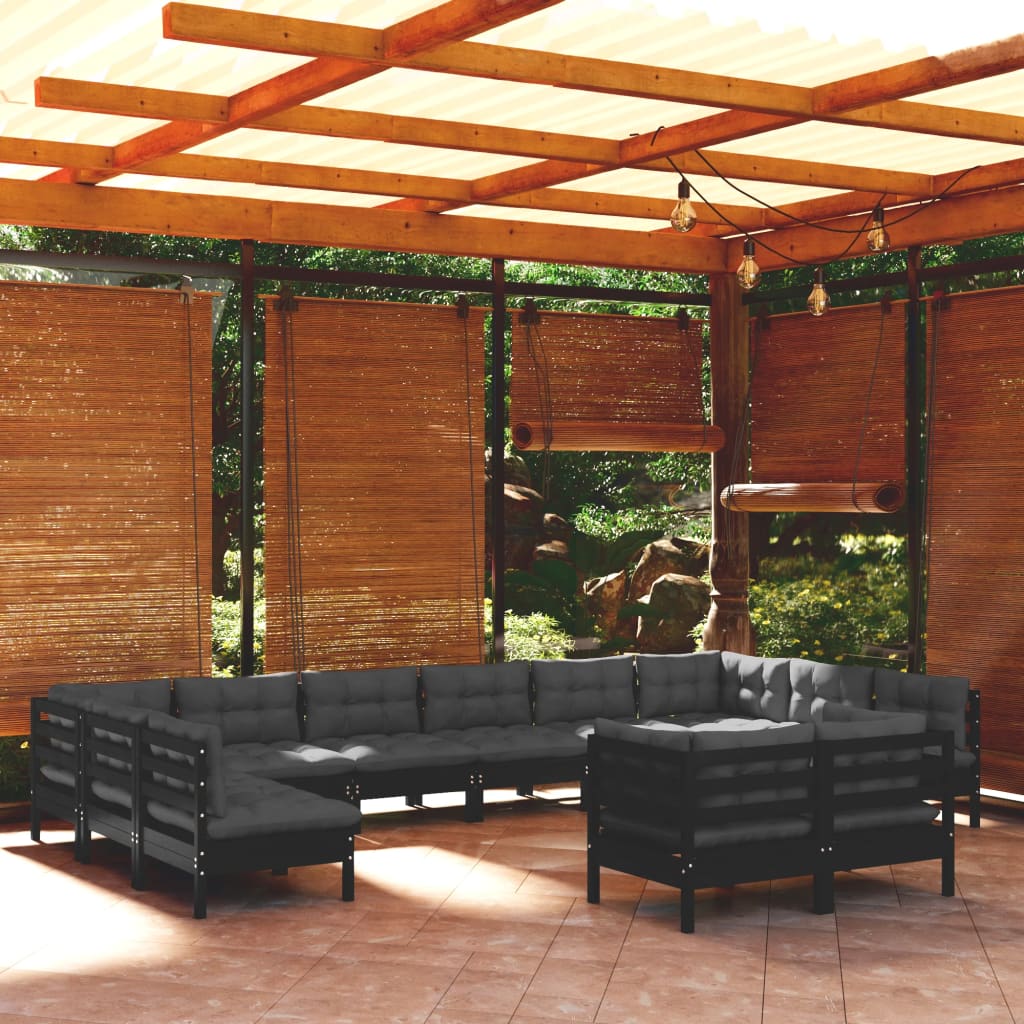 Set Mobilier Grădină Cu Perne, 12 Piese, Gri, Lemn Masiv Pin