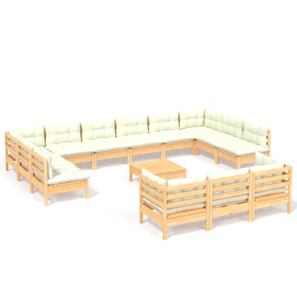 Set Mobilier Grădină Cu Perne Crem, 14 Piese, Lemn Masiv De Pin