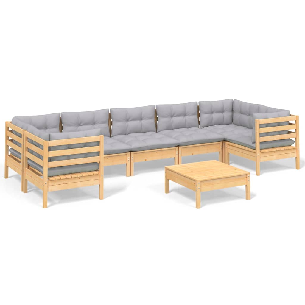 Set Mobilier De Grădină Cu Perne, 8 Piese, Gri, Lemn De Pin