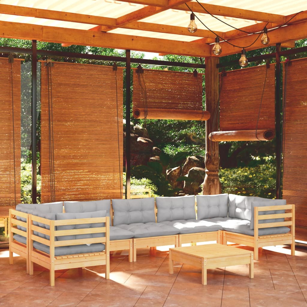 Set Mobilier De Grădină Cu Perne, 8 Piese, Gri, Lemn De Pin