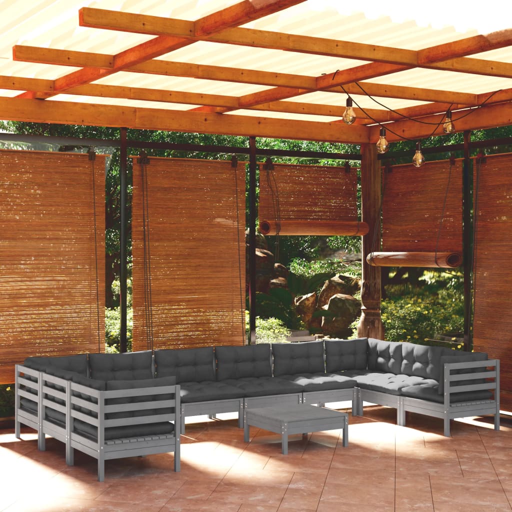Set Mobilier Grădină Cu Perne, 11 Piese, , Lemn De Pin