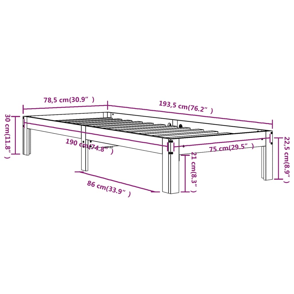 Cadru De Pat Mic Single, Alb, 75X190 Cm, Lemn Masiv
