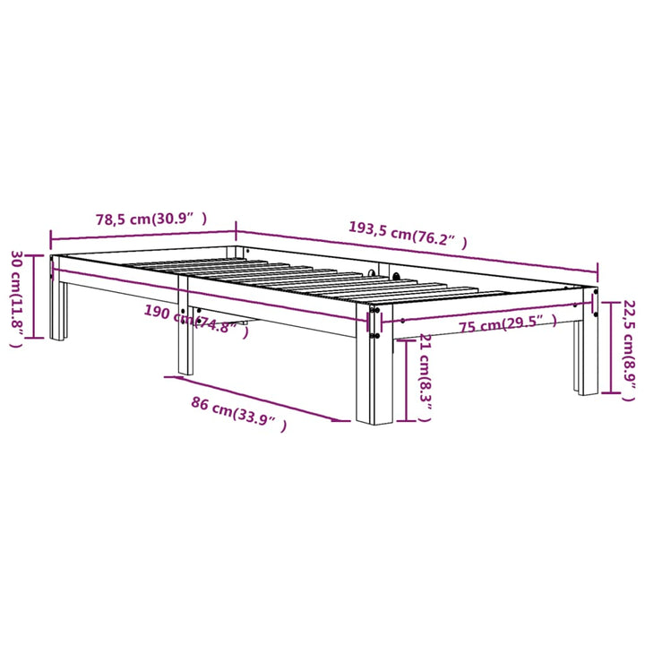 Cadru De Pat Mic Single, Alb, 75X190 Cm, Lemn Masiv
