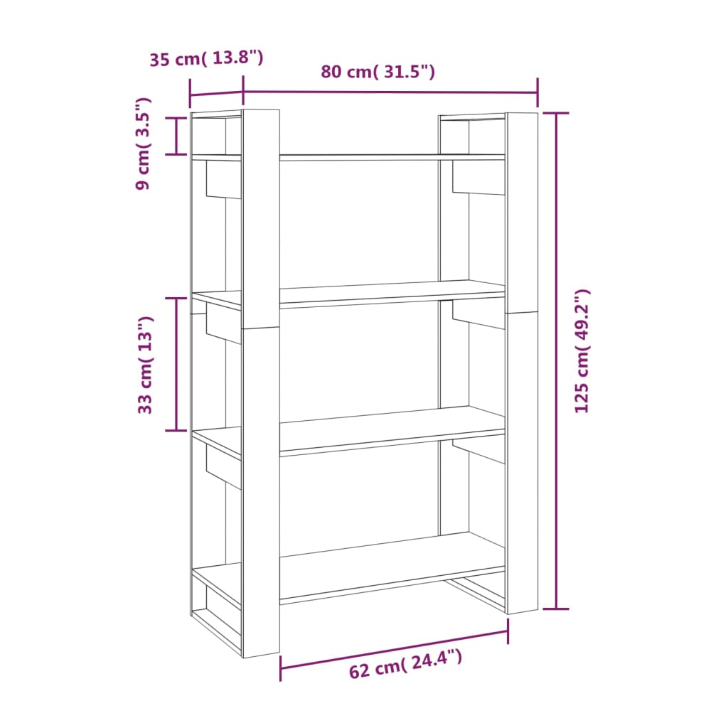 Bibliotecă/Separator Cameră, , 80X35X125 Cm, Lemn Masiv Pin