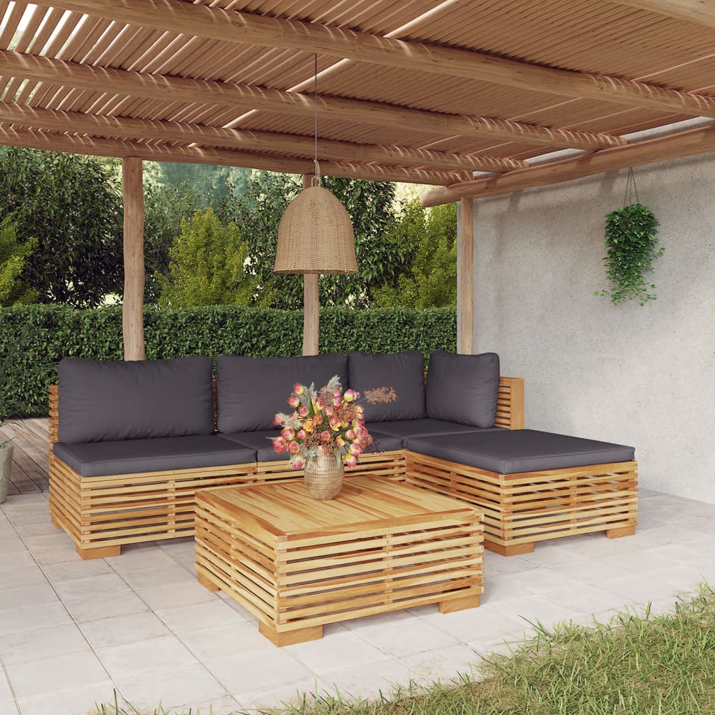 Set Mobilier Grădină Cu Perne, 5 Piese, Lemn Masiv De Tec