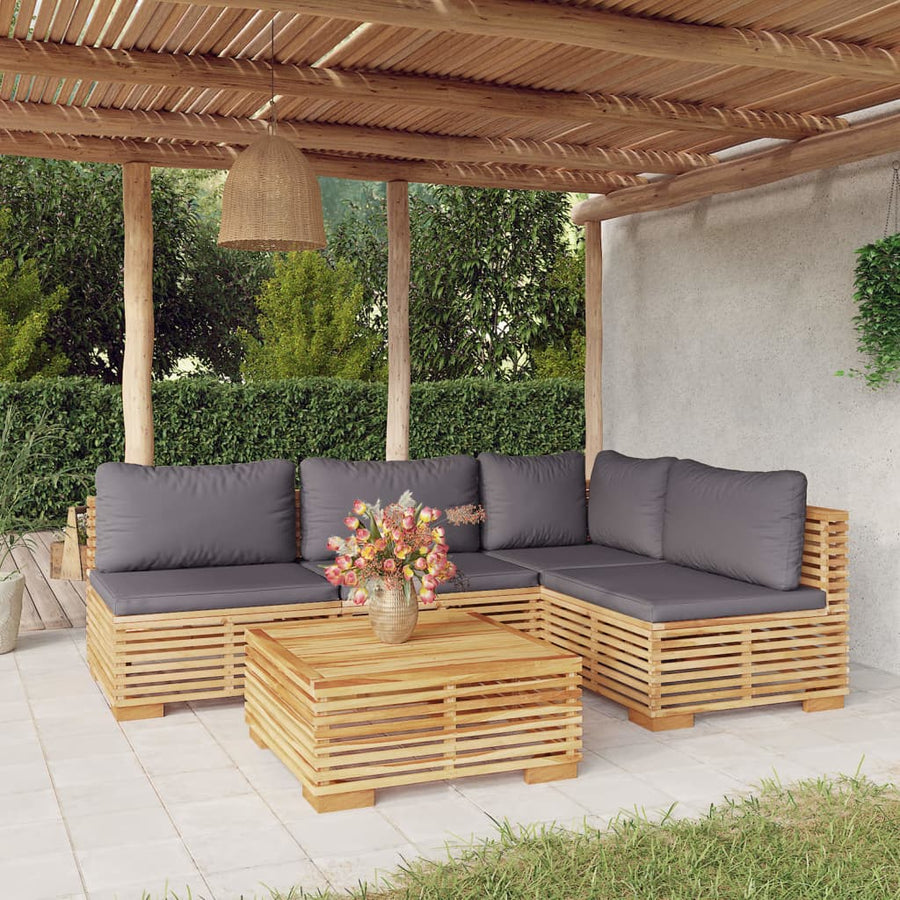 Set Mobilier Grădină Cu Perne, 5 Piese, Lemn Masiv De Tec