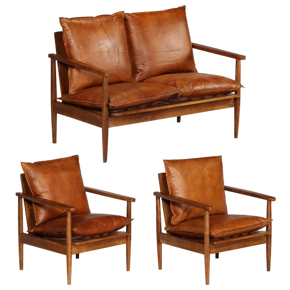 Set Canapea, 3 Piese, Maro, Piele Naturală/Lemn Masiv Acacia