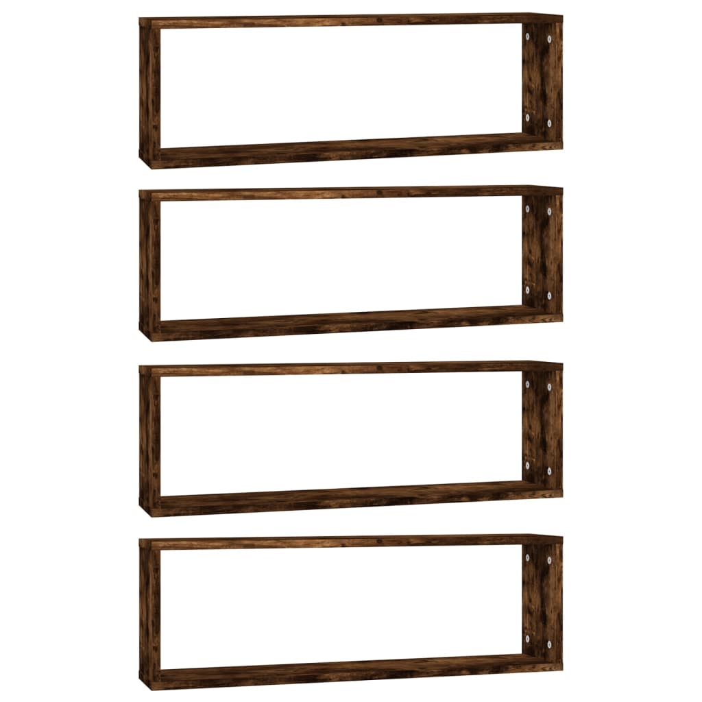 Rafturi De Perete Cub, 4 Buc. Stejar Fumuriu 80X15X26,5 Cm Lemn
