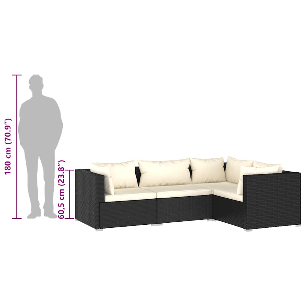 Set Mobilier De Grădină Cu Perne, 4 Piese, Negru, Poliratan