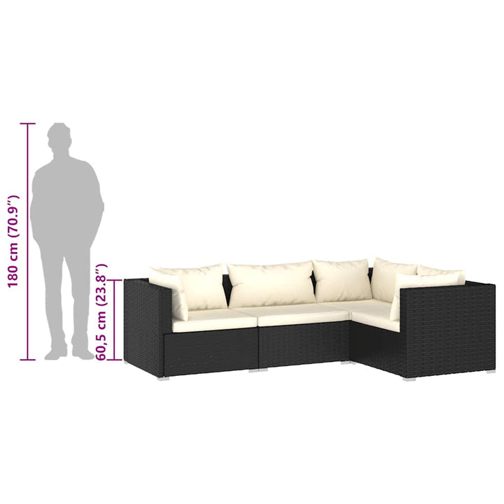 Set Mobilier De Grădină Cu Perne, 4 Piese, Negru, Poliratan
