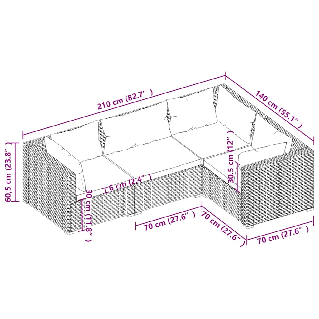 Set Mobilier De Grădină Cu Perne, 4 Piese, Negru, Poliratan