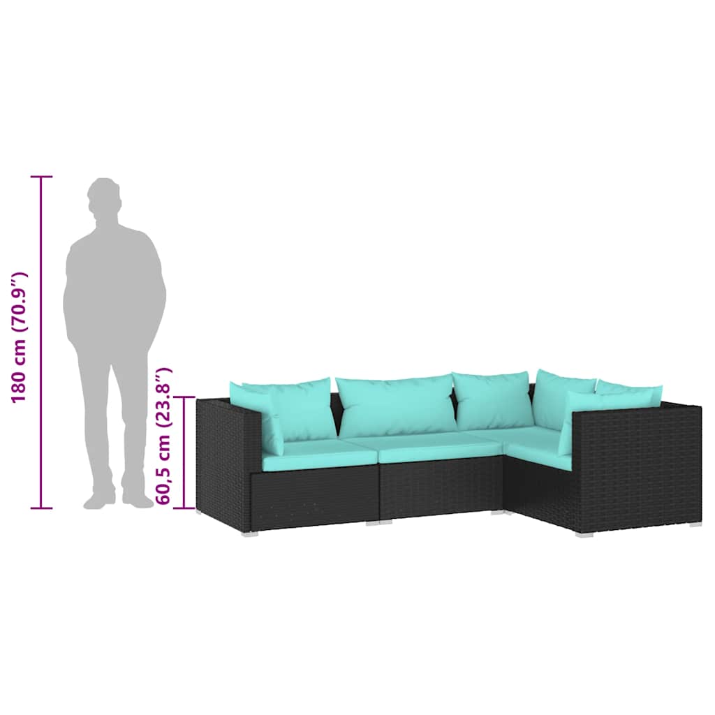 Set Mobilier De Grădină Cu Perne, 4 Piese, Negru, Poliratan