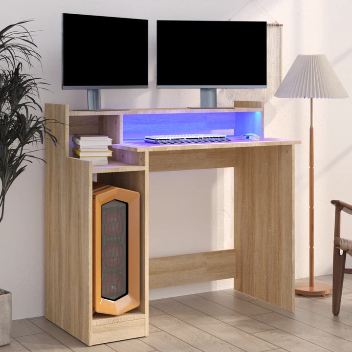 Birou Cu Lumini Led, Stejar Fumuriu, 97X90X45 Cm Lemn Prelucrat