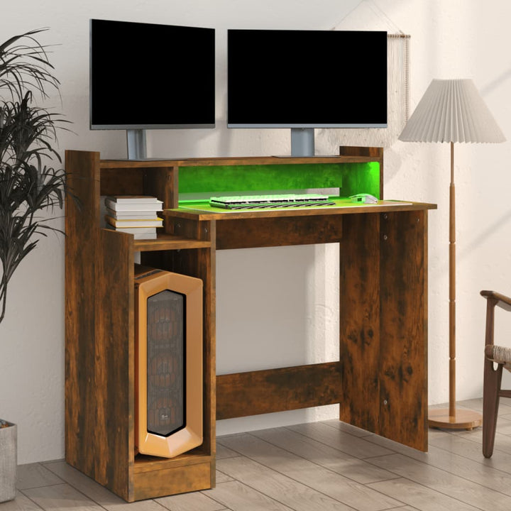Birou Cu Lumini Led, Stejar Fumuriu, 97X90X45 Cm Lemn Prelucrat